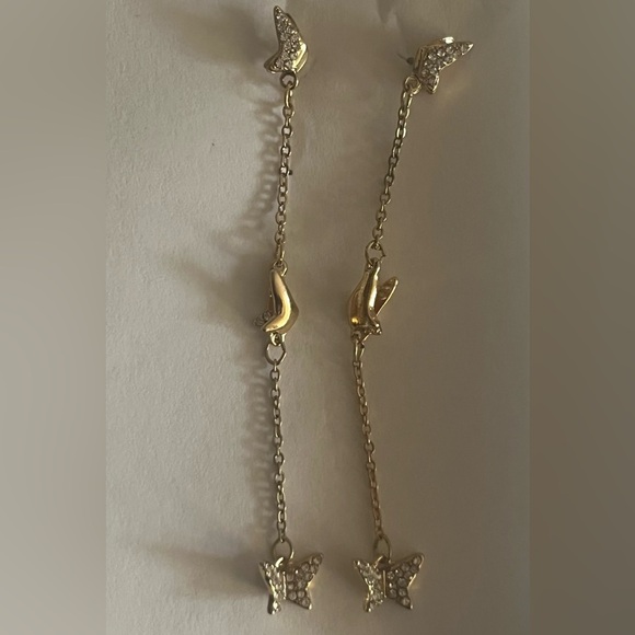 Gold 3 Inch Long Dangle Boho Butterfly Earrings With Crystal Gemstones~ New - Picture 5 of 8